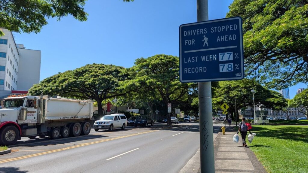 Pedestrian crossing signage posted at high-traffic Oahu locations